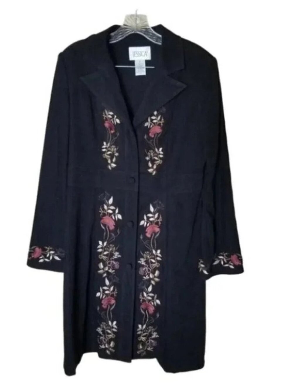 Jessica Floral Embroidered Whimsical Black Long Trench Coat 8